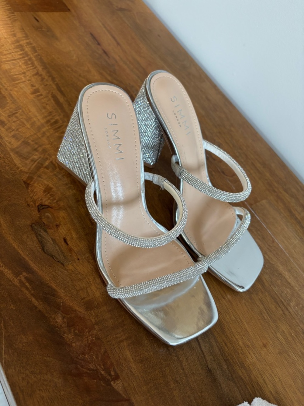 Silver Rhinestone Block Heel Sandals - Picture 2 of 3